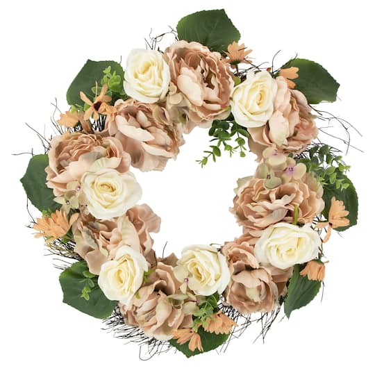 Peach and White Floral Fall Harvest Artificial Wreath 22&#x22;